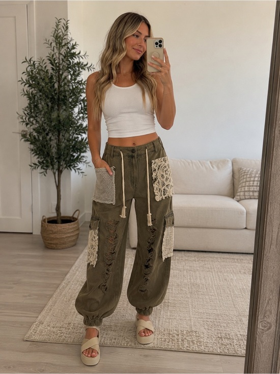 POL Pants - POL Olive Green Cargo Pants with Cream Crochet Patches